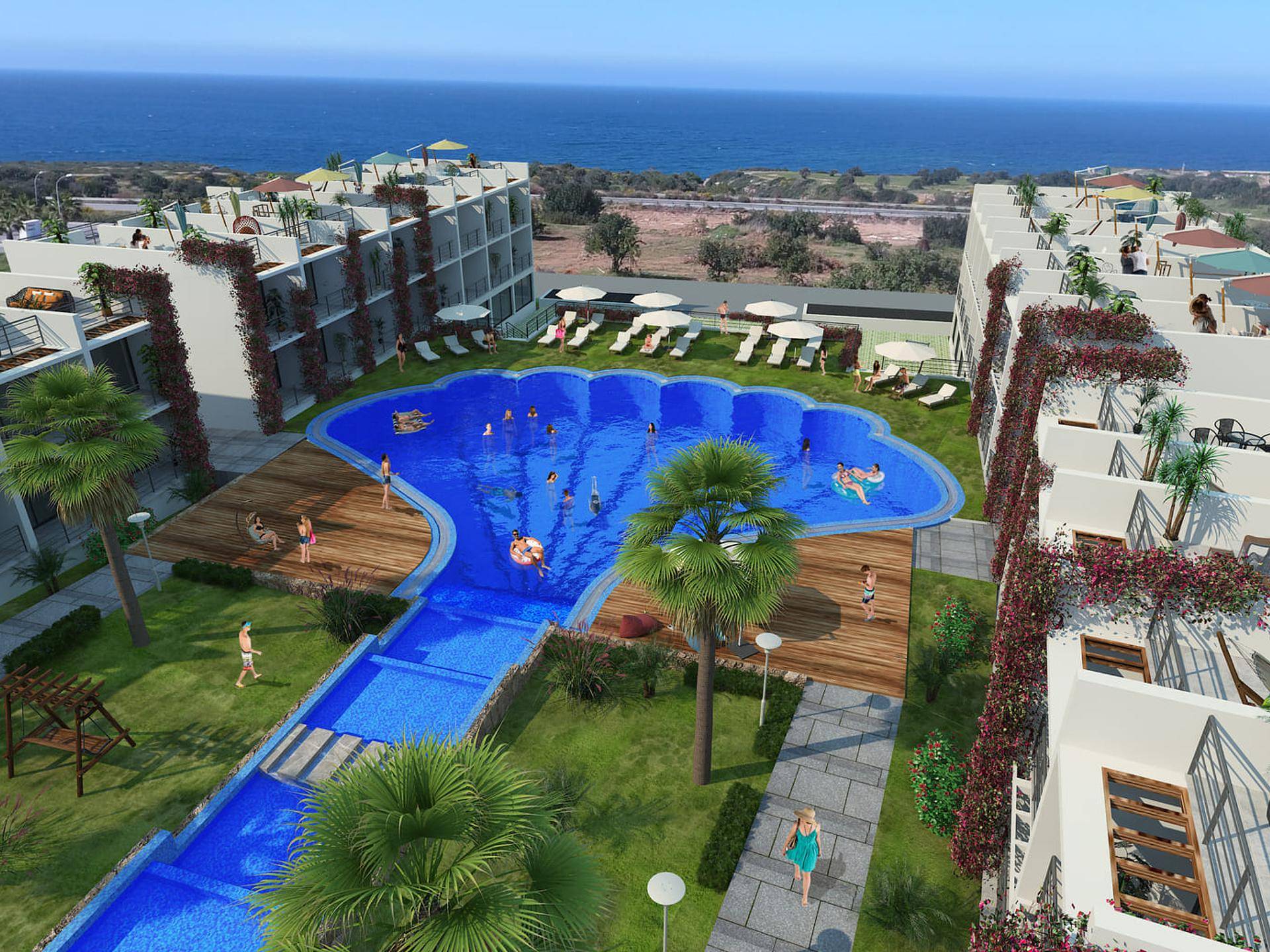 Studio apartments in a complex with waterfall in Esentepe, Cyprus