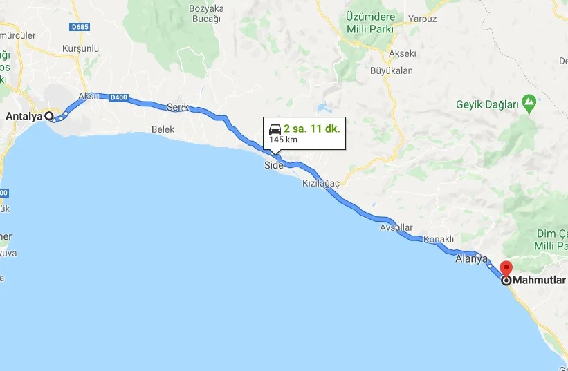 Distance to Antalya