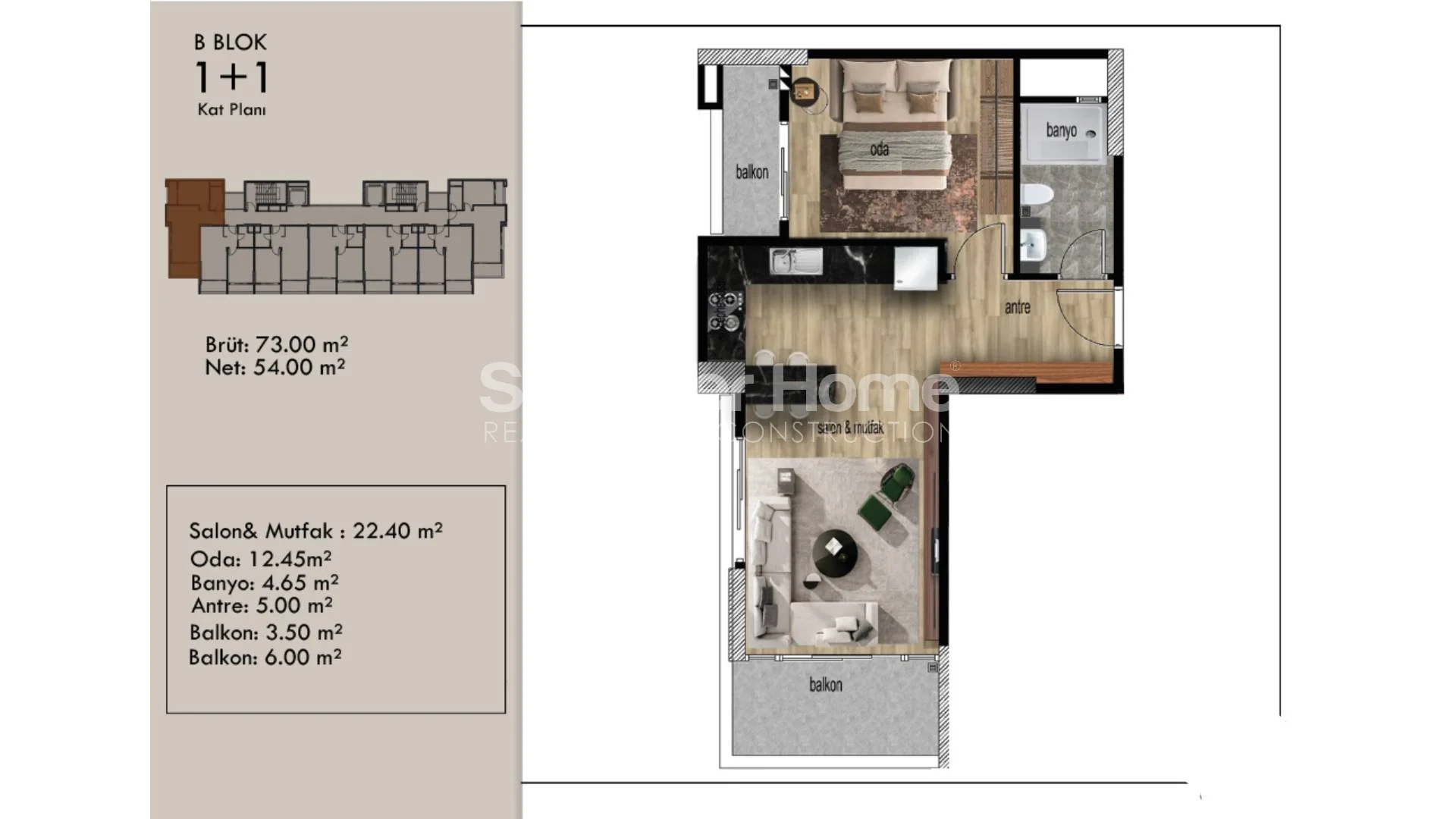 شقق رخيصة بغرفة نوم واحدة في منطقة أرباجباهشيش ، مرسين plan - 28
